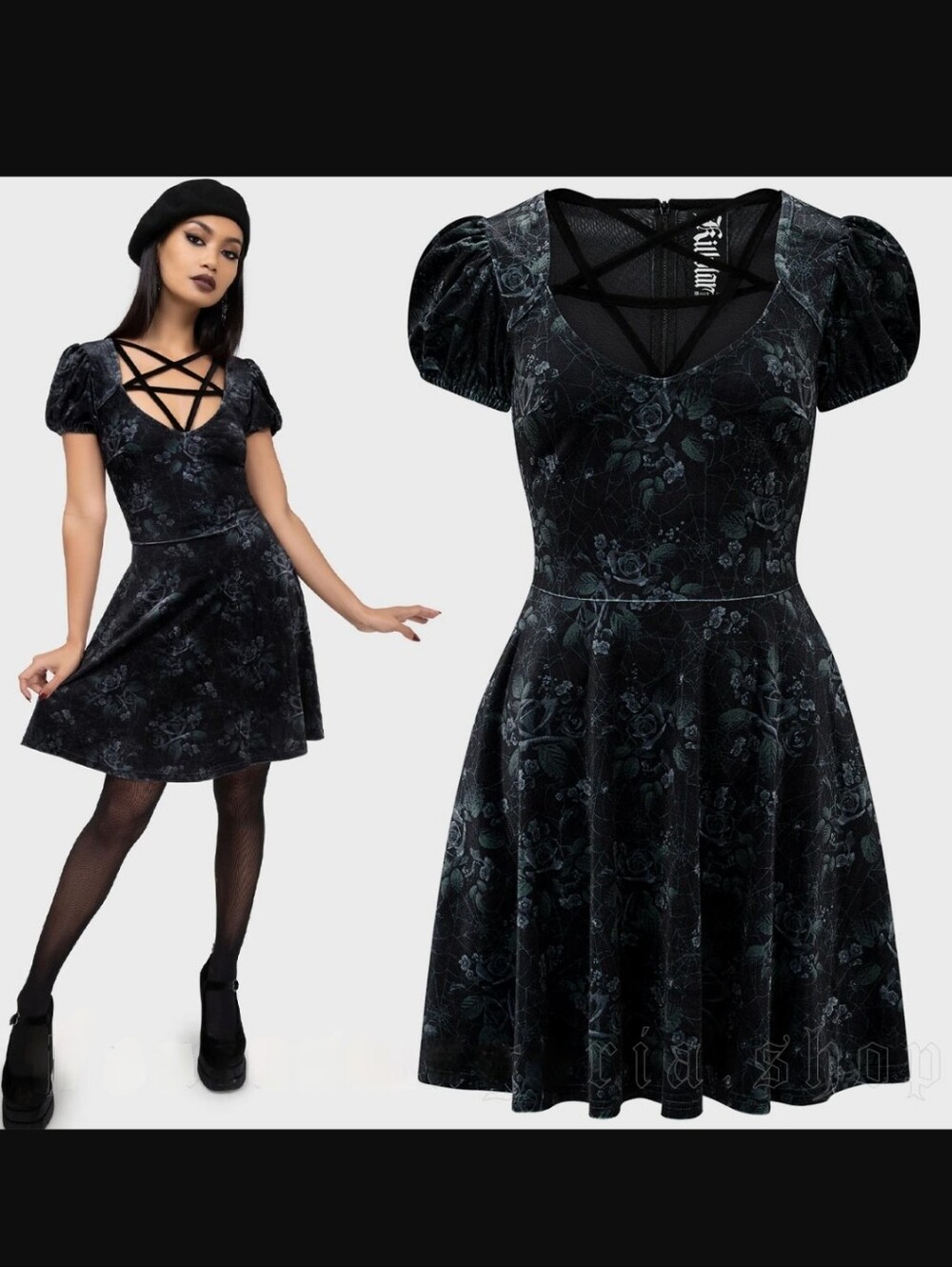 Killstar Black Velvet Floral Puff-Sleeve Skater Dress